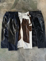 Western double knee leather switching wide denim pants