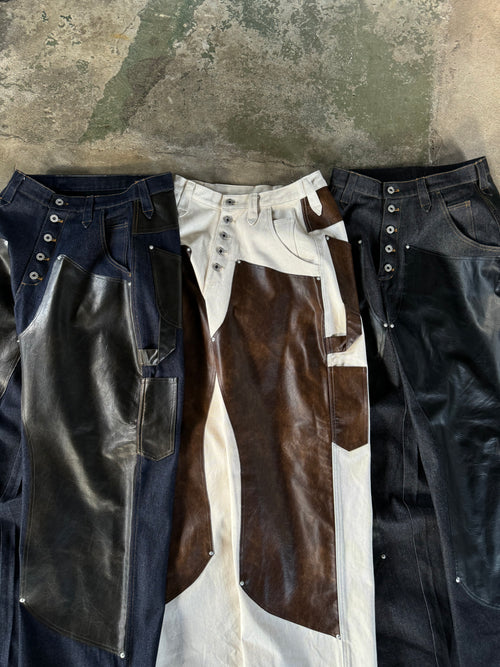 Western double knee leather switching wide denim pants