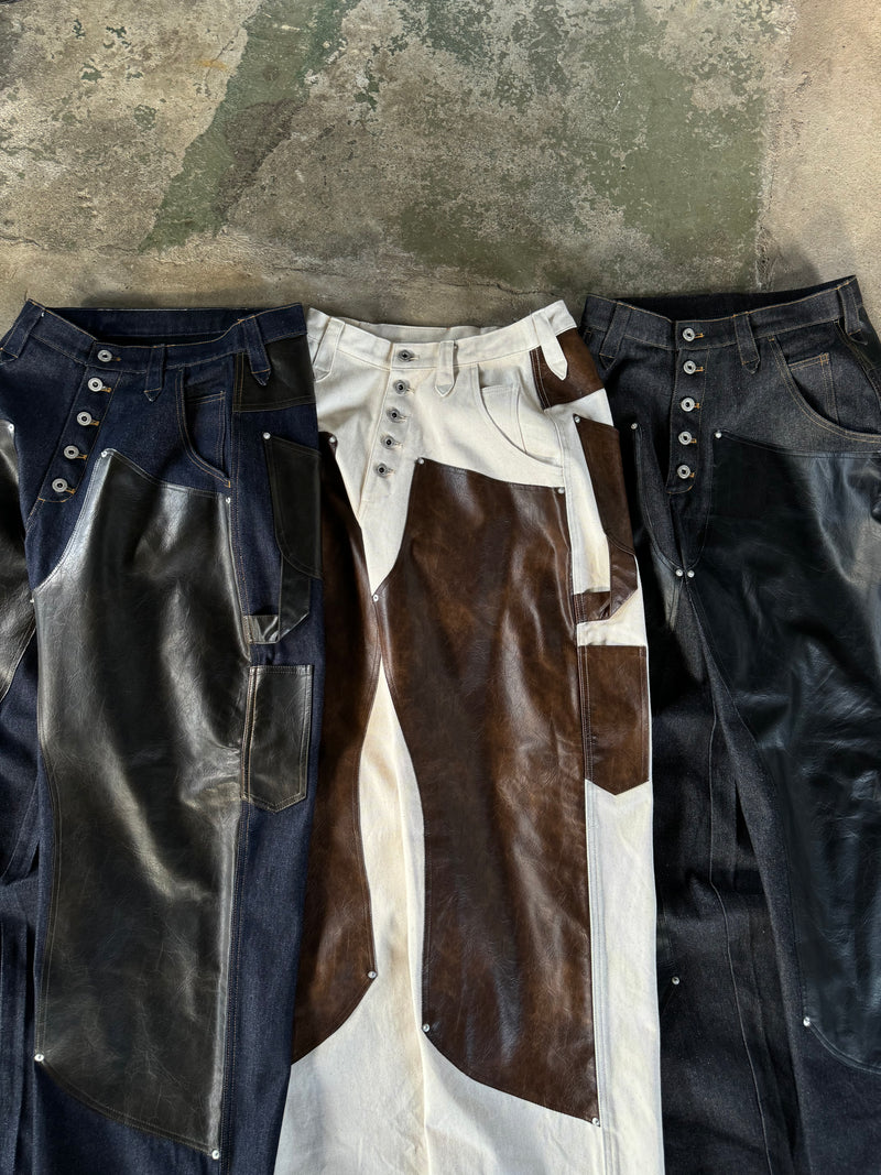 Western Double Knee Leather Switching Wide Denim Pants