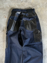 Western double knee leather switching wide denim pants