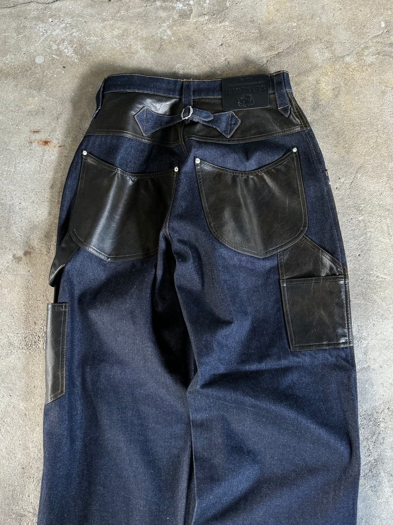 Western Double Knee Leather Switching Wide Denim Pants