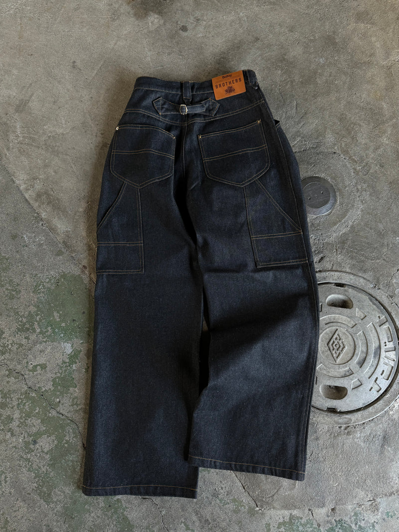 western short rigid  wide tuck denim pants