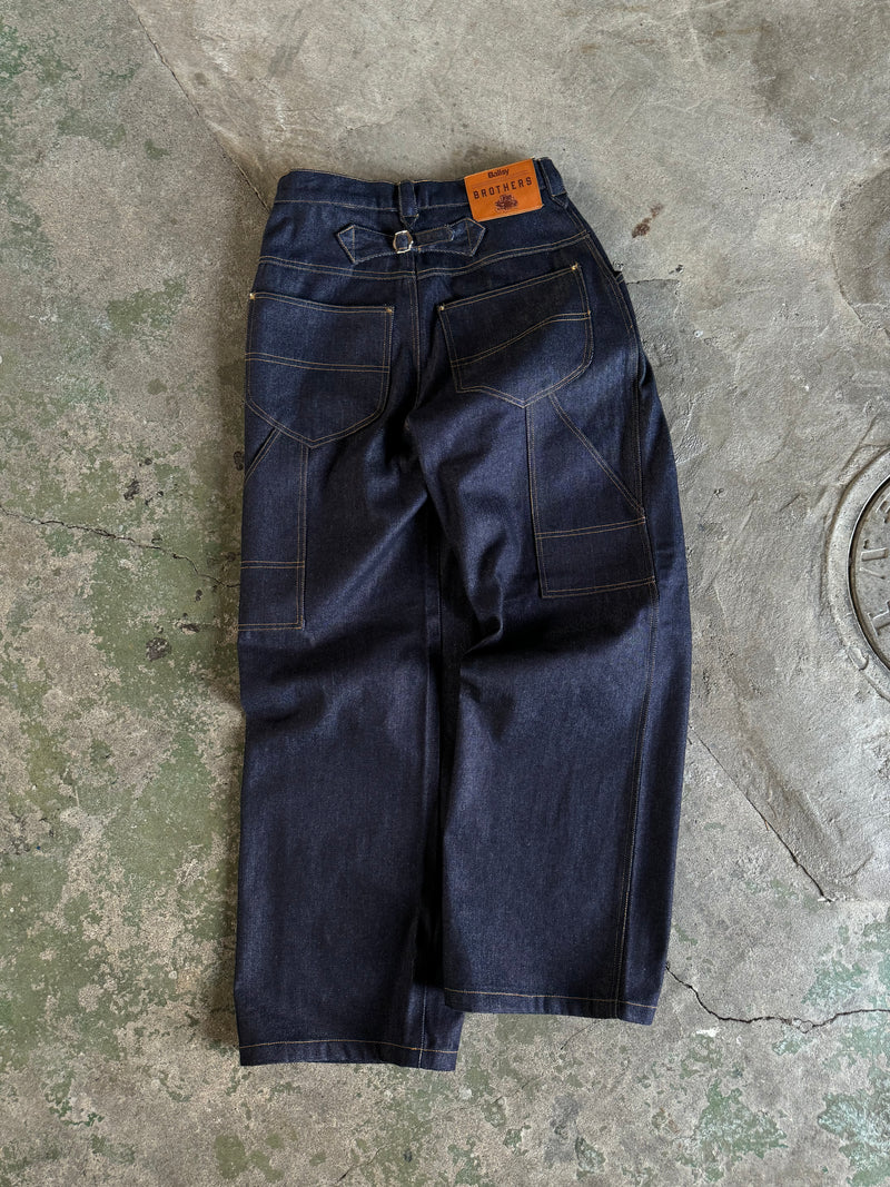 western short rigid  wide tuck denim pants