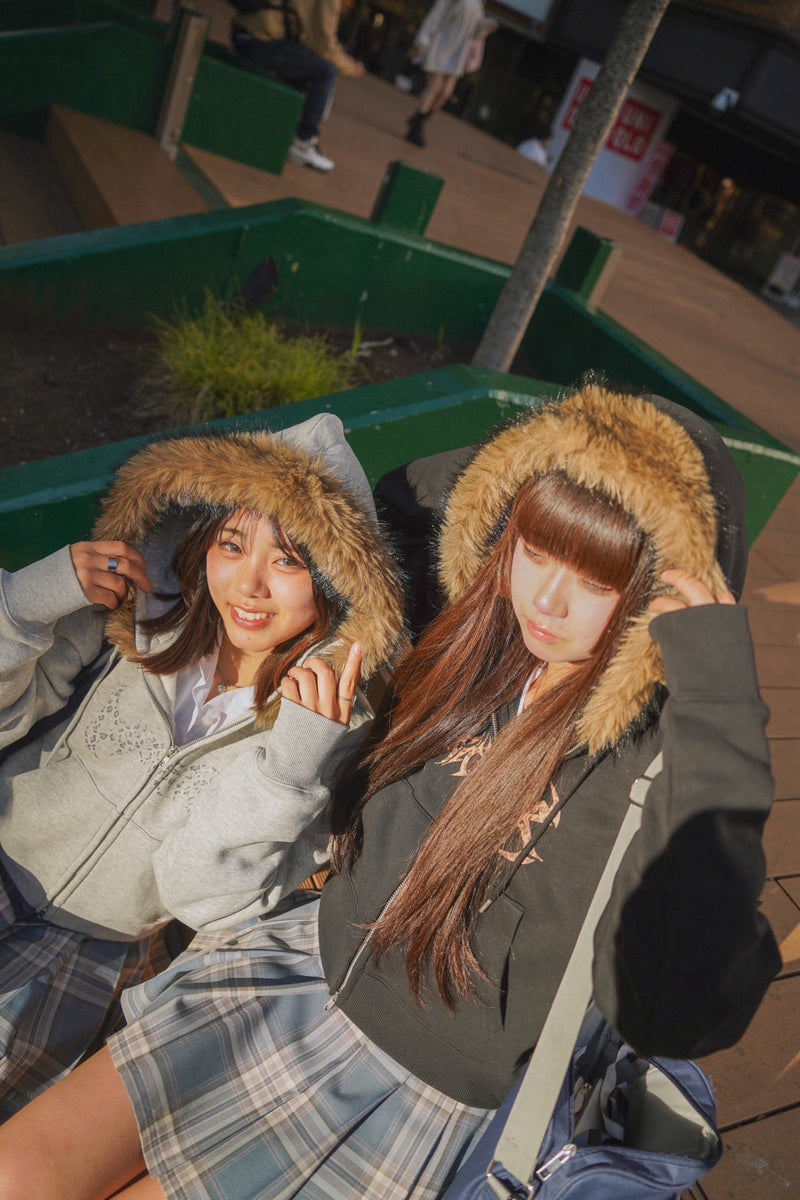 Tribal logo fur zip hoodie