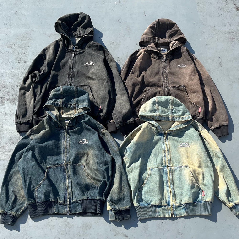 9090 Heisei Logo Denim Zip Hoodie L