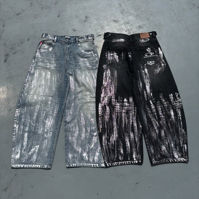 平成标志闪亮印花牛仔裤 