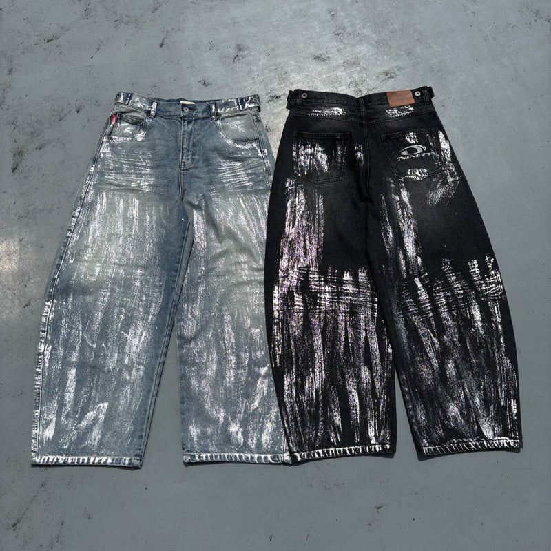 平成标志闪亮印花牛仔裤 