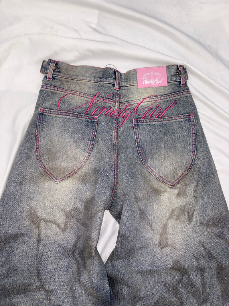 Ninety Girl Logo Glitter Buggy Denim Pants – YZ