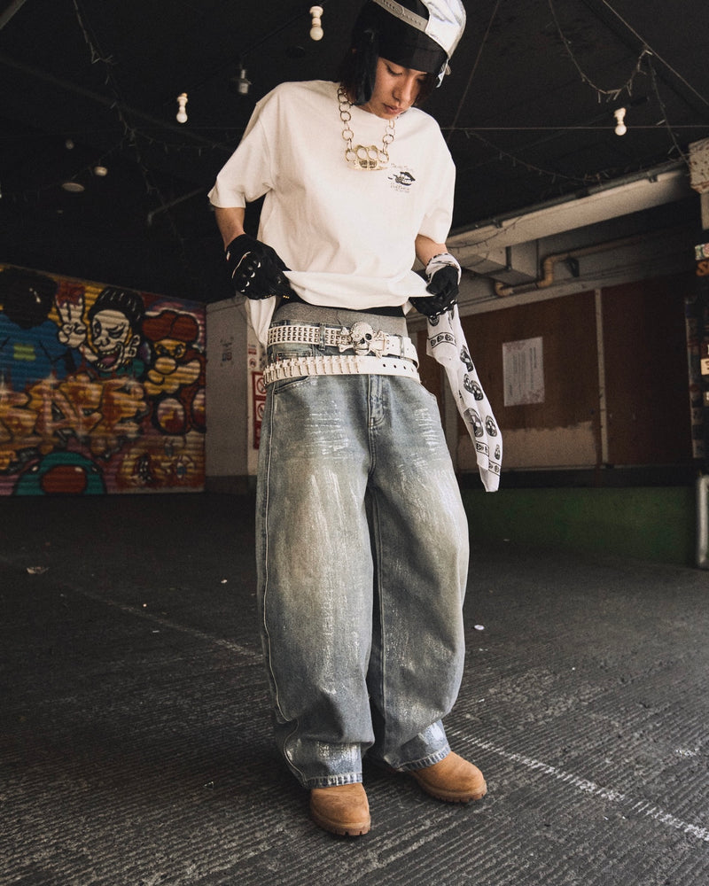 平成标志闪亮印花牛仔裤 