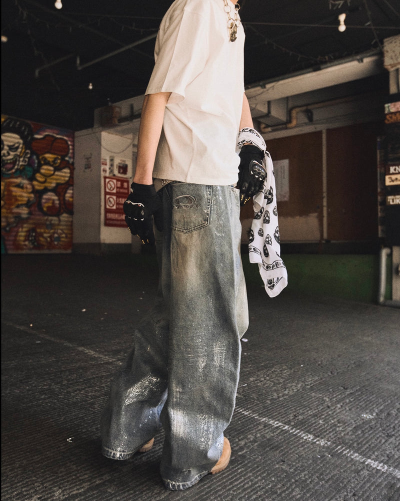 平成标志闪亮印花牛仔裤 