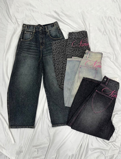 Ninety Girl Logo Glitter Buggy Denim Pants 