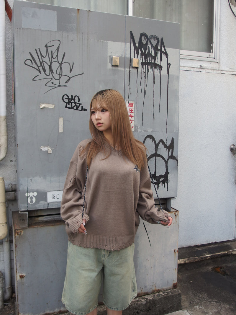 star logo v neck damage knit