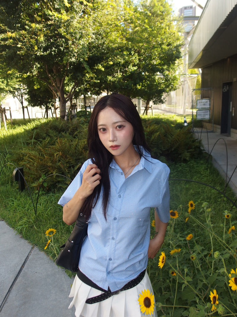 라인 스톤 SS 체크 셔츠 