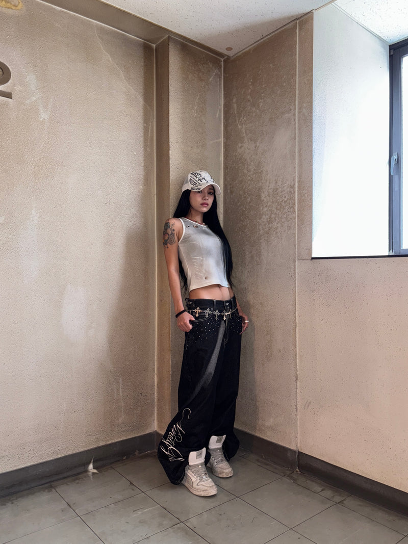 パンツ 9090Feather logo Studs Buggy Denim Pants Feather logo Studs Buggy Denim Pants – YZ