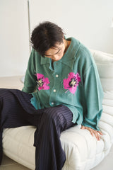 Flower Motif Knit Shirt Cardigan