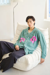 Flower Motif Knit Shirt Cardigan