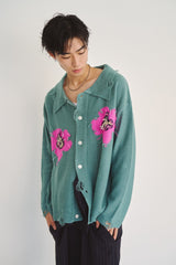 Flower Motif Knit Shirt Cardigan