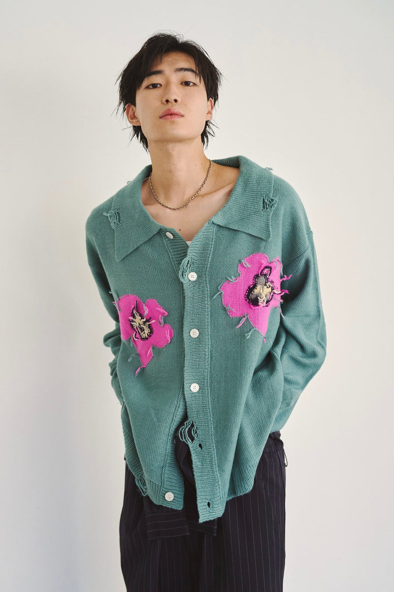 Flower Motif Knit Shirt Cardigan