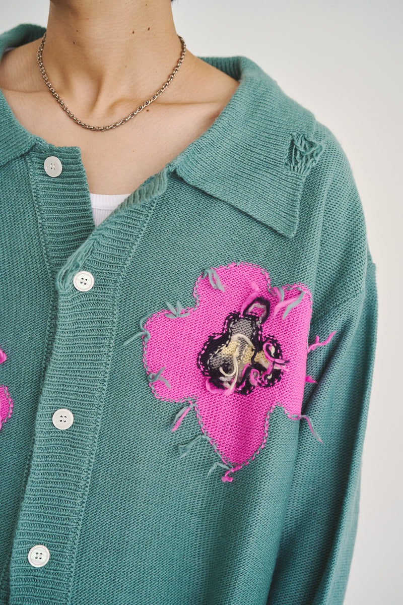 Flower Motif Knit Shirt Cardigan