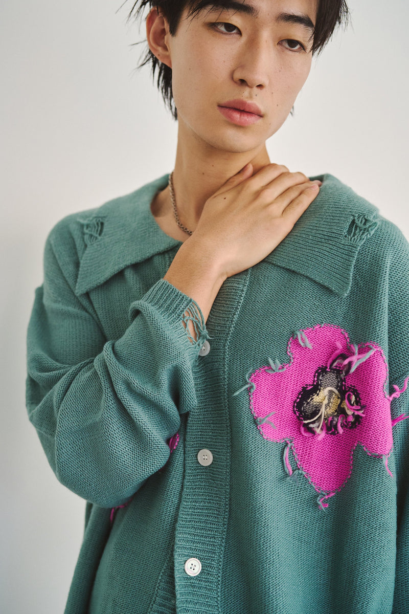 Flower Motif Knit Shirt Cardigan