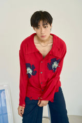 flower motif knit shirt cardigan