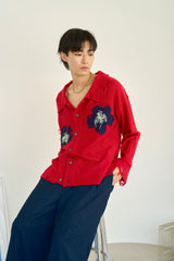 flower motif knit shirt cardigan