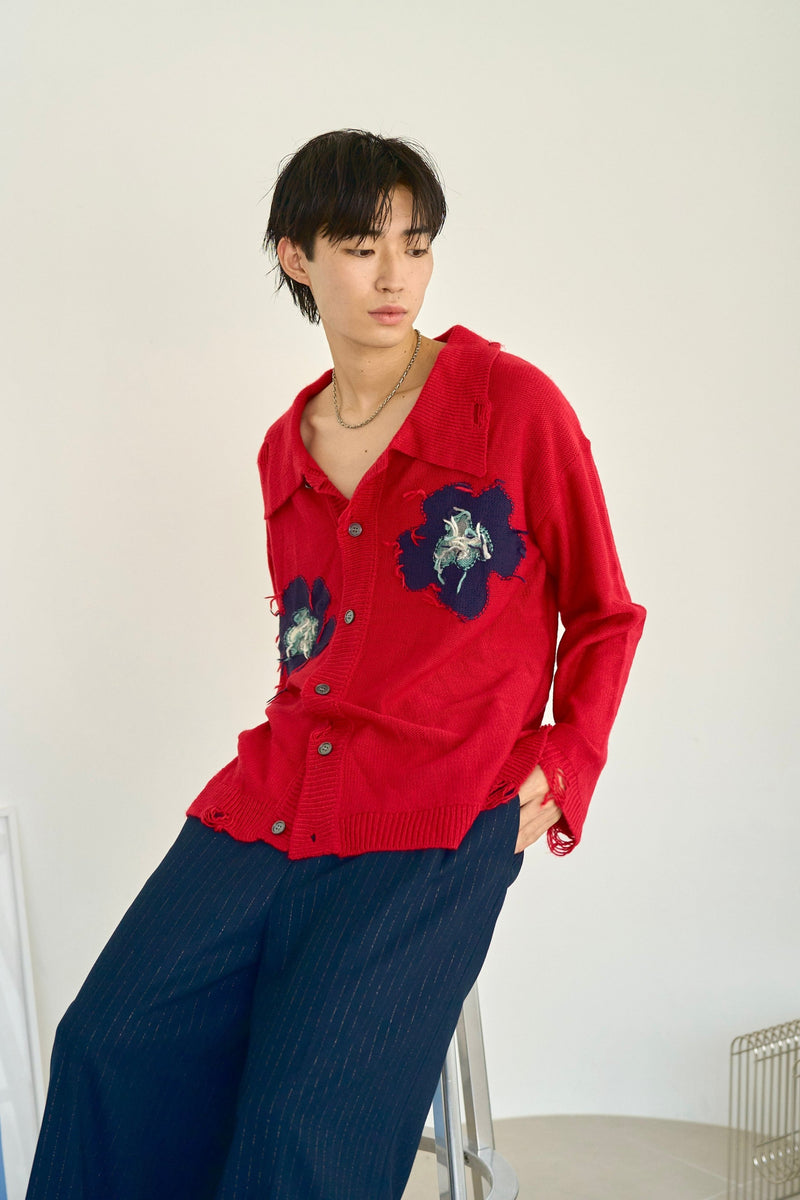 flower motif knit shirt cardigan