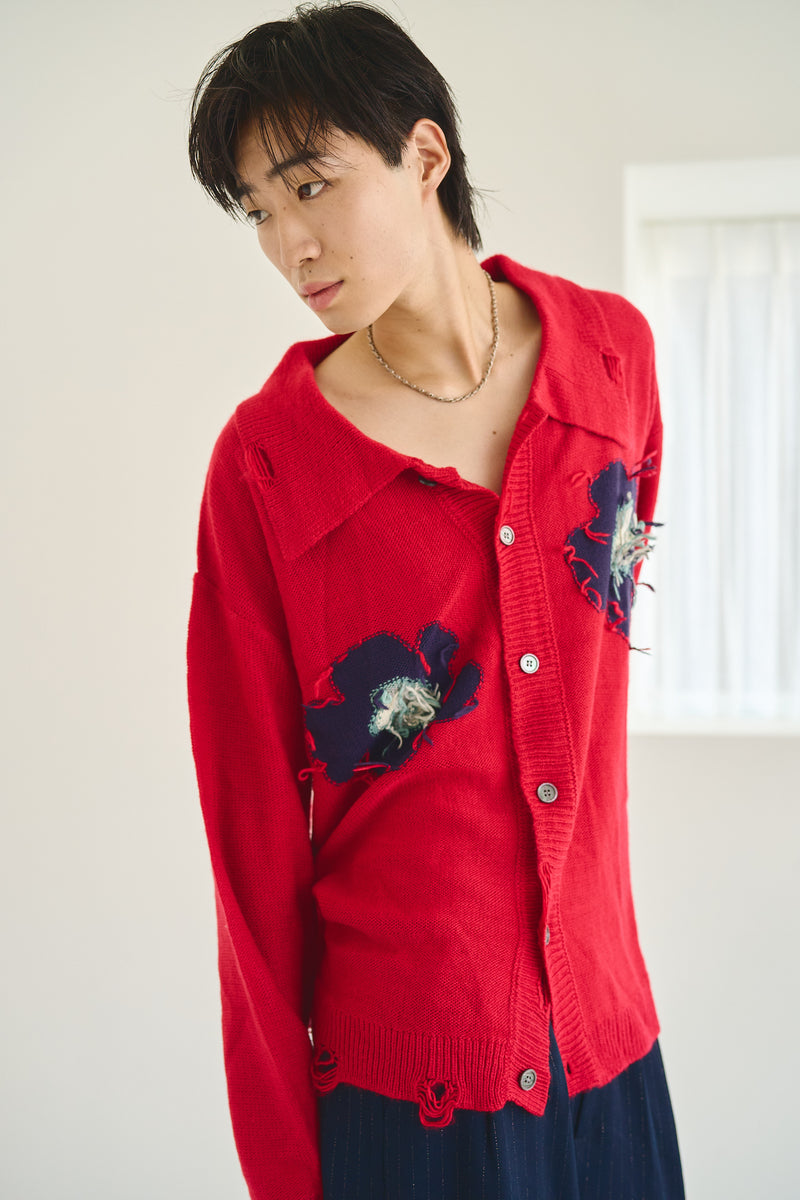 Flower Motif Knit Shirt Cardigan