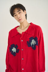 Flower Motif Knit Shirt Cardigan