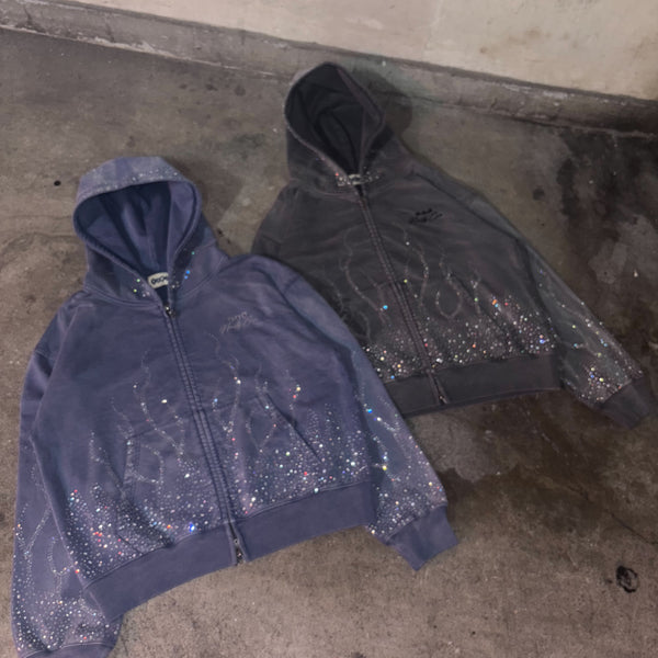 Bullet Logo Fire Print Rhinestone Zip Hoodie – YZ