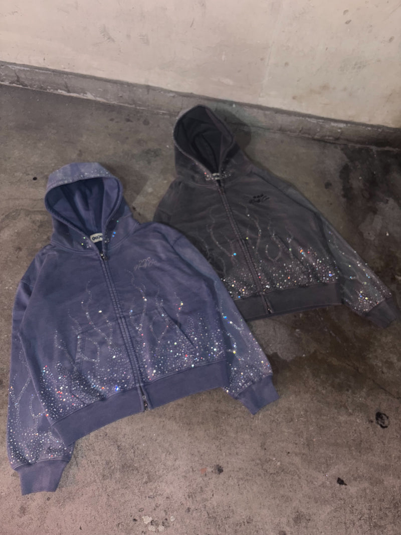 Bullet Logo Fire Print Rhinestone Zip Hoodie – YZ