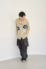 Flower Motif Knit Shirt Cardigan