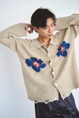 Flower Motif Knit Shirt Cardigan