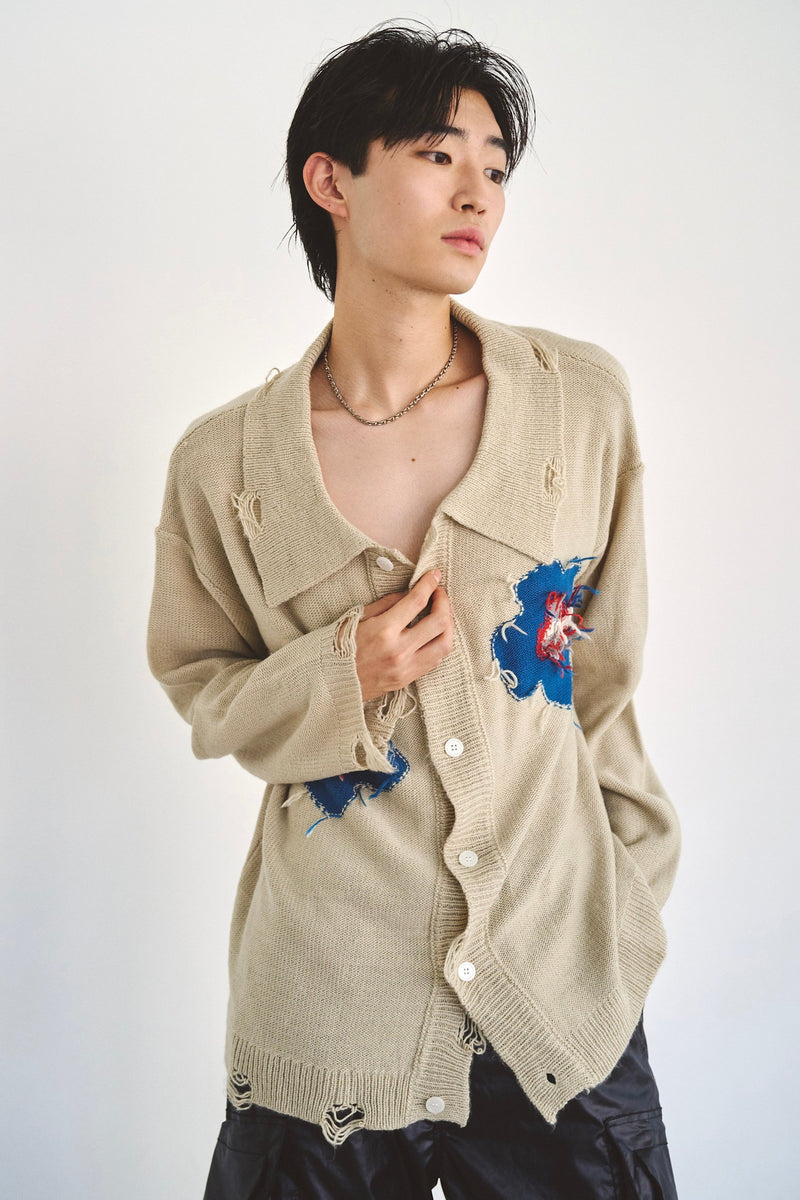 flower motif knit shirt cardigan