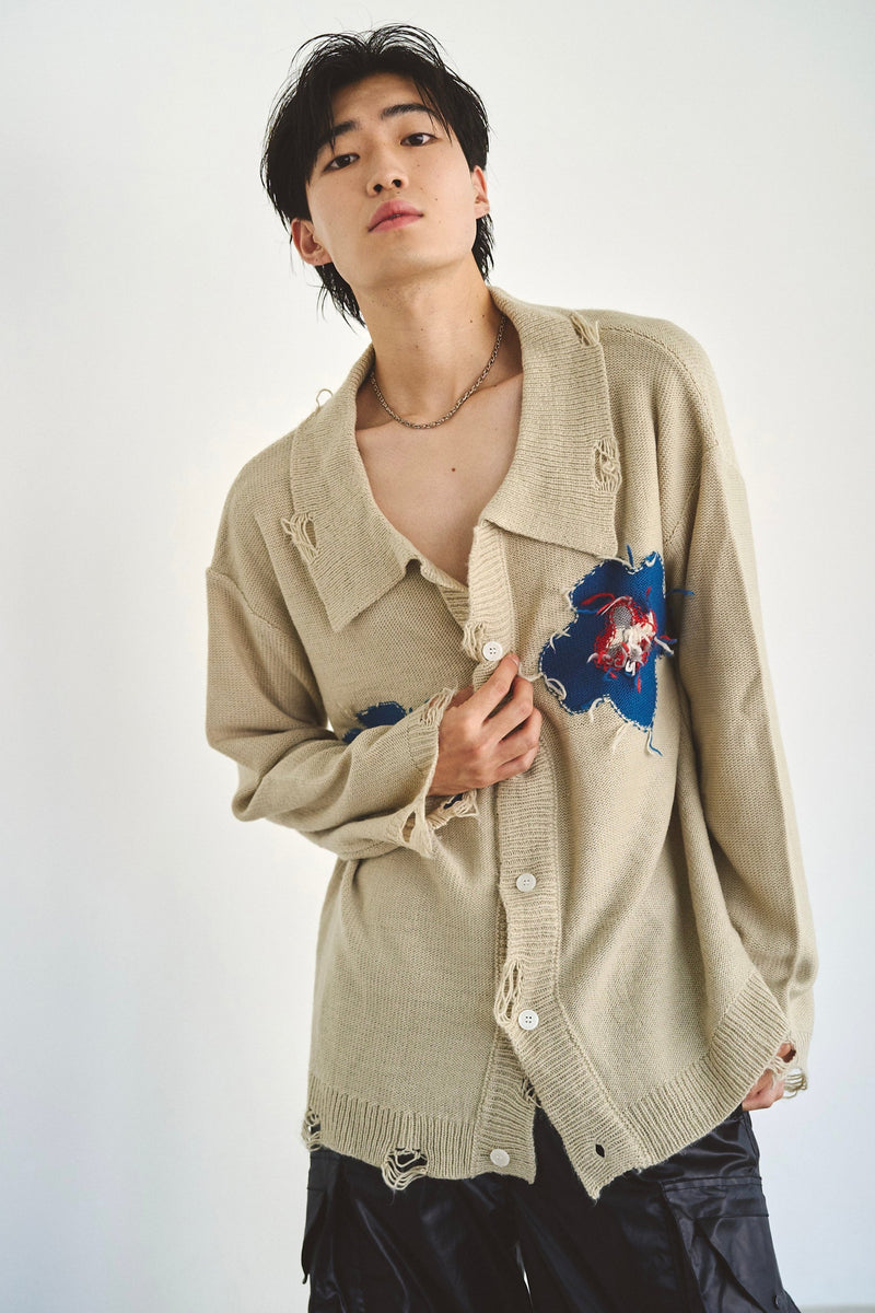 flower motif knit shirt cardigan