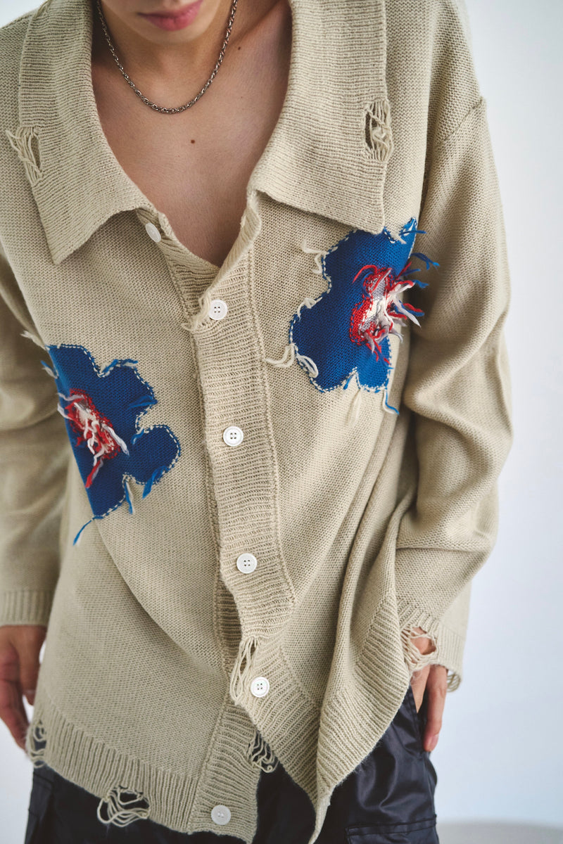 Flower Motif Knit Shirt Cardigan