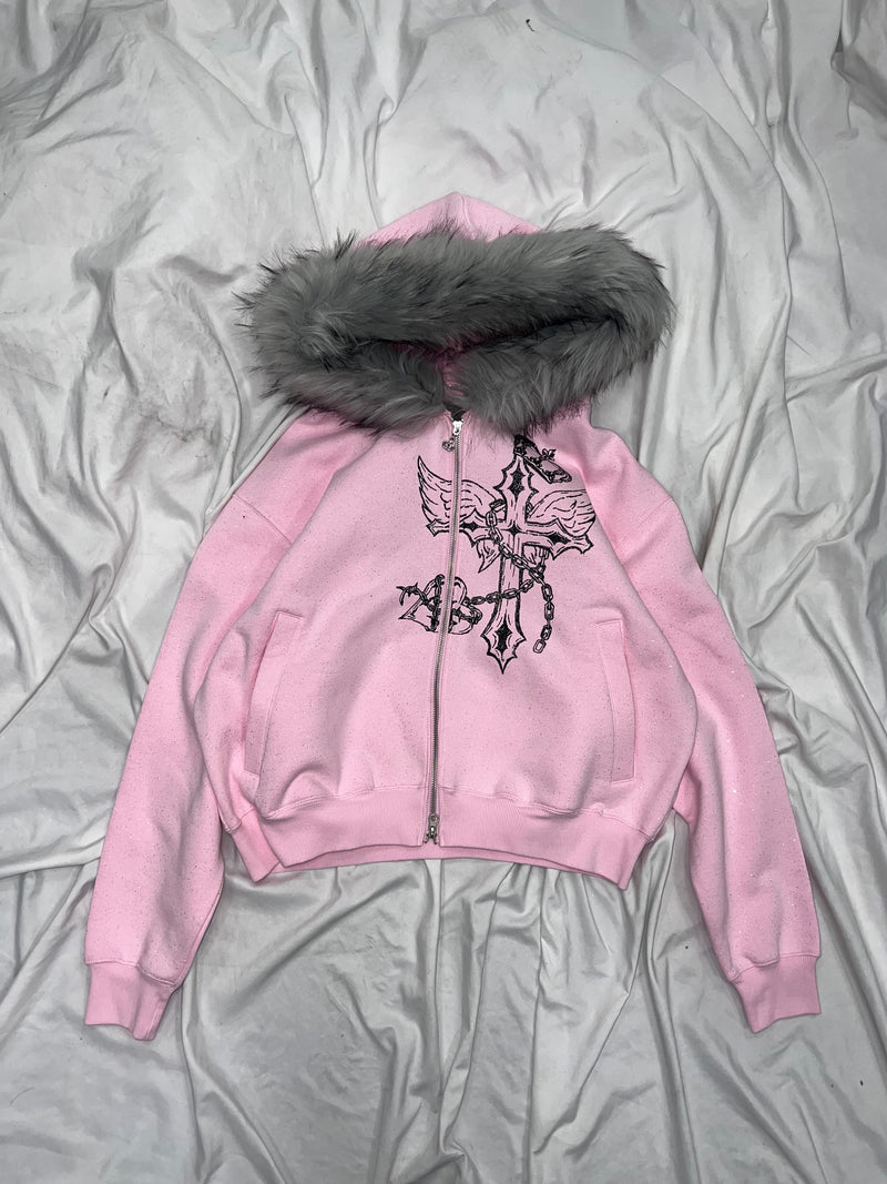Cross Logo glitter Fur Zip Hoodie