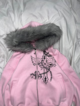 Cross Logo glitter Fur Zip Hoodie