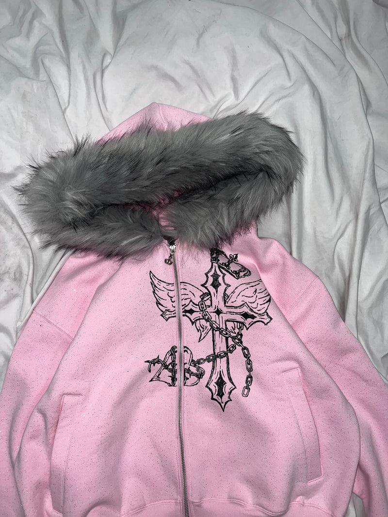 Cross Logo glitter Fur Zip Hoodie