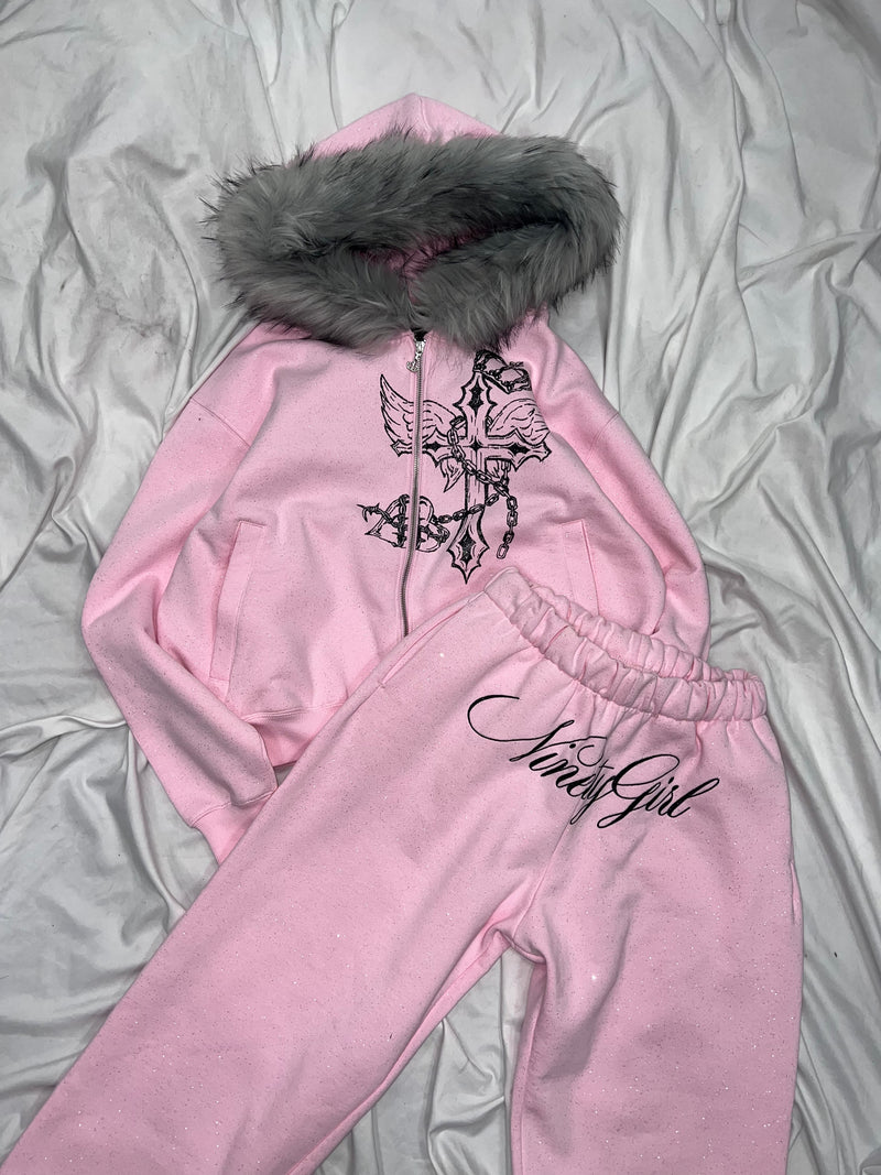 Cross Logo glitter Fur Zip Hoodie