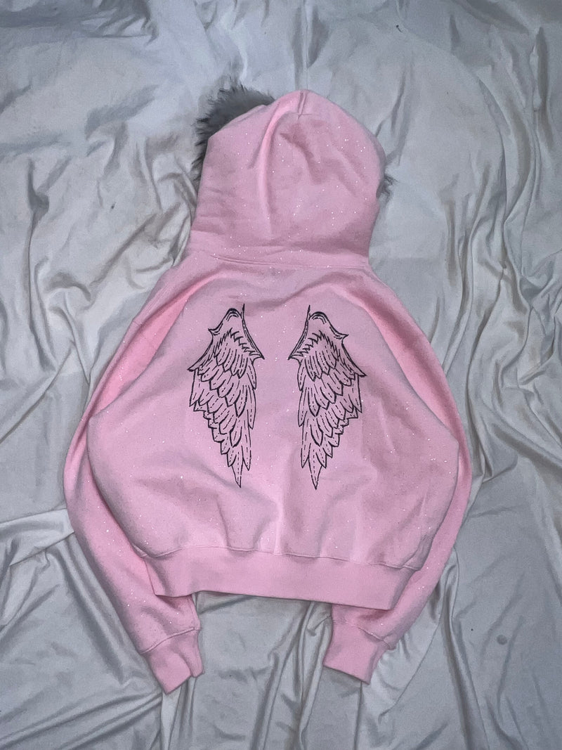 Cross Logo glitter Fur Zip Hoodie