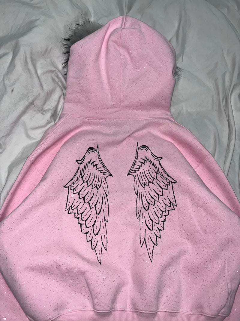 Cross Logo glitter Fur Zip Hoodie
