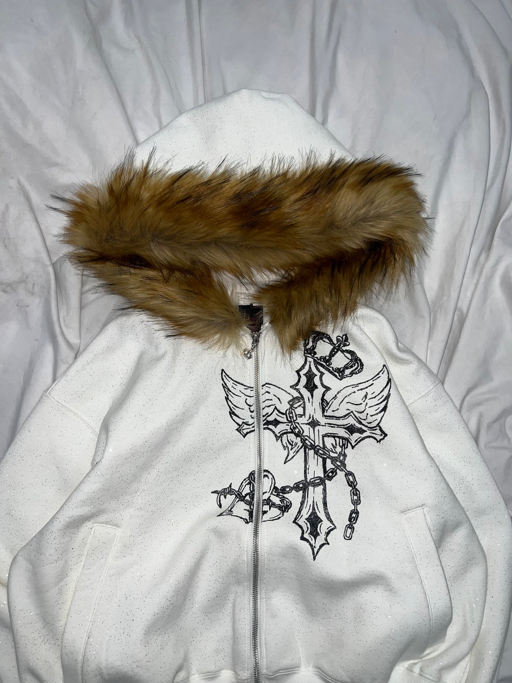 Cross Logo glitter Fur Zip Hoodie – YZ Cross Logo glitter Fur Zip Hoodie – YZ