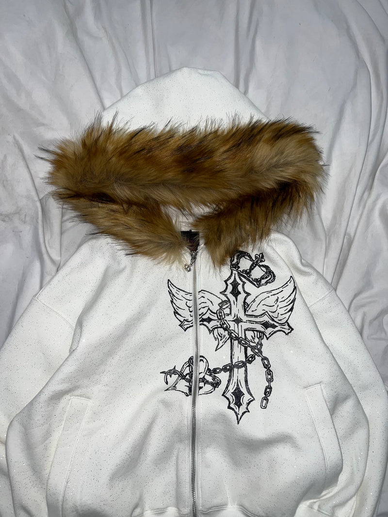 Cross Logo glitter Fur Zip Hoodie