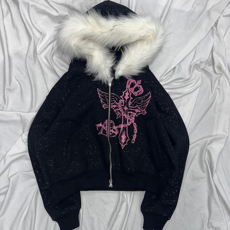 Cross Logo glitter Fur Zip Hoodie – YZ Cross Logo glitter Fur Zip Hoodie – YZ