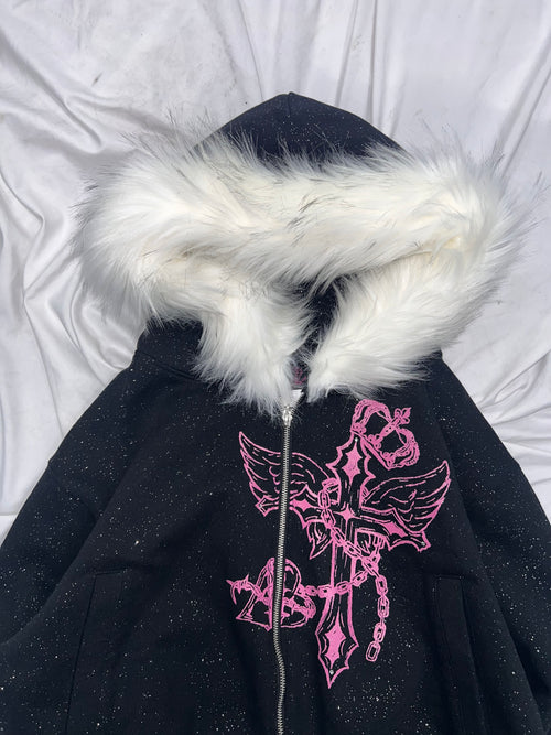 Cross Logo glitter Fur Zip Hoodie