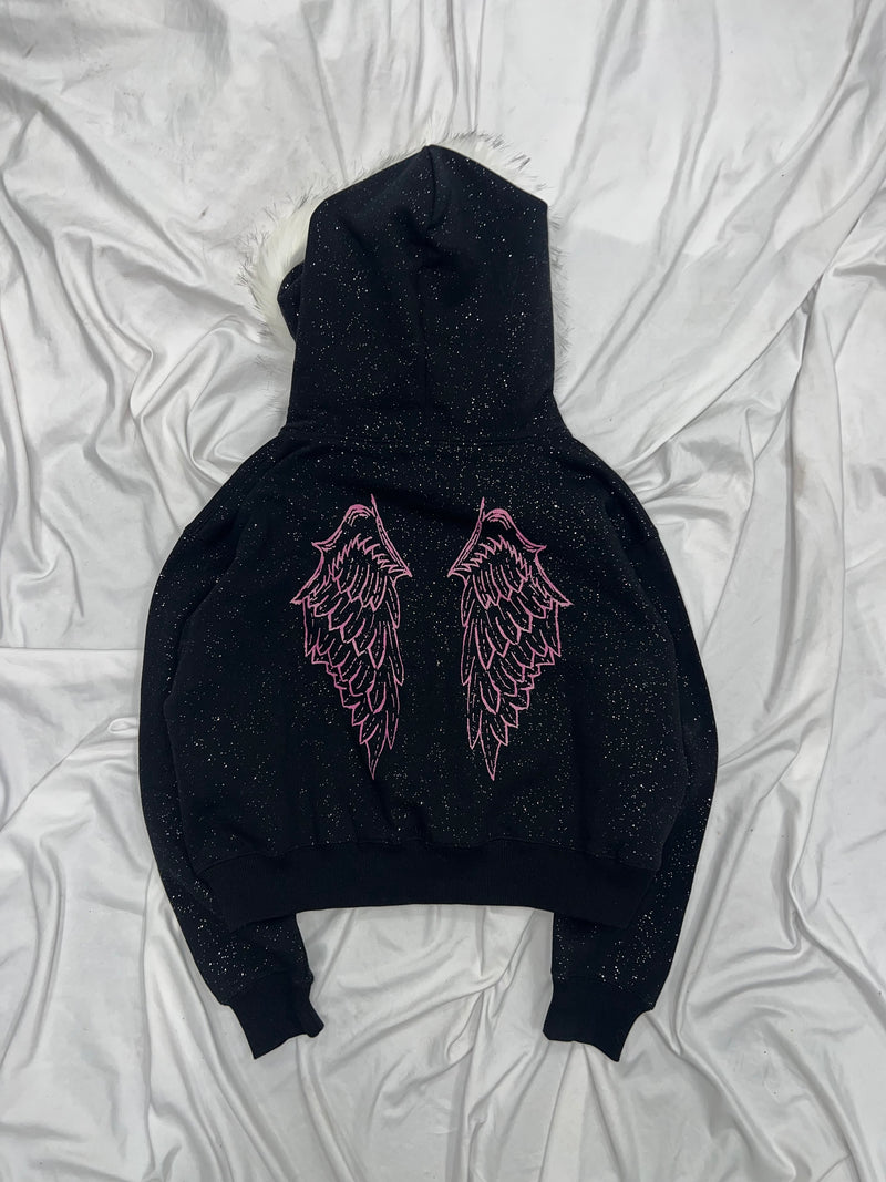 Cross Logo glitter Fur Zip Hoodie