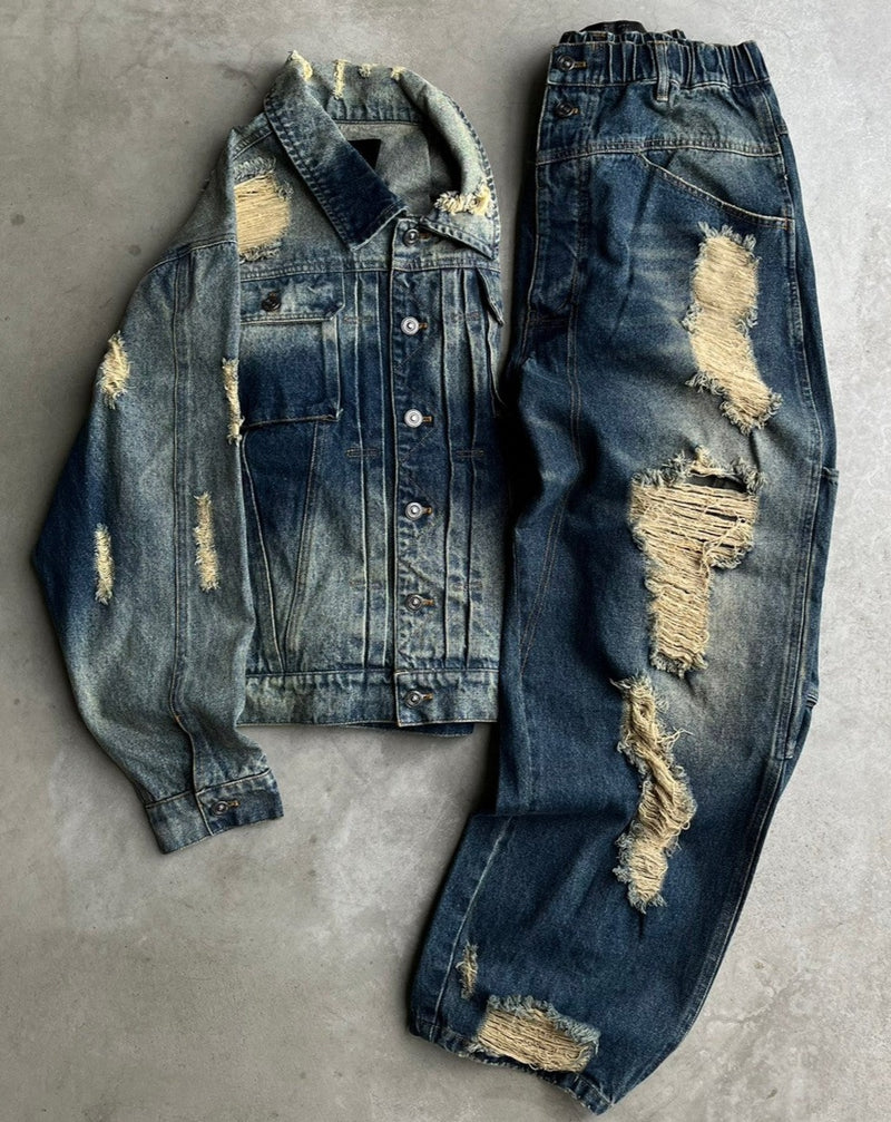Damaged overdyed loose denim pants