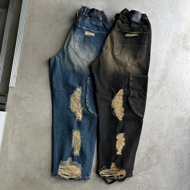 7,840円Damaged overdyed loose denim pants