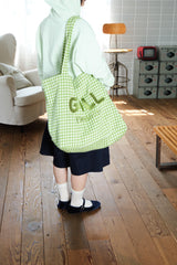 毛足の長いギンガムチェックのひきこもりbag